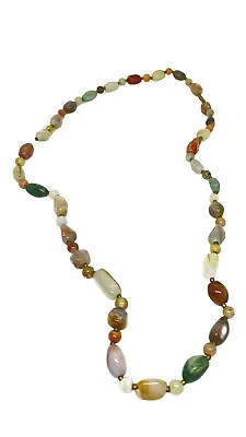 Vintage 70s Semi Precious Agate Gemstones Beggar Beaded Boho 34” Long Necklace • $26