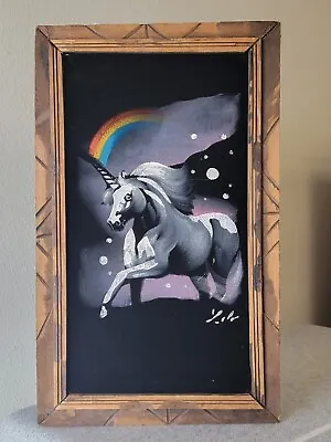 Vintage UNICORN + RAINBOW Black VELVET Signed PAINTING Carved Wooden Frame 23x14 • $49.99