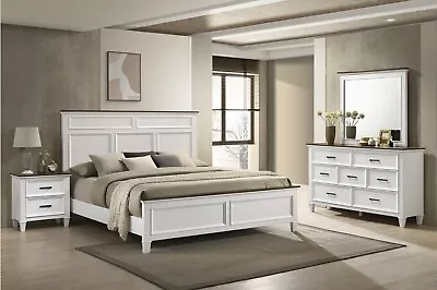 NEW Two-Tone Queen King 4PC White Modern Rustic Bedroom Furniture Set Bed/D/M/N • $1469.99