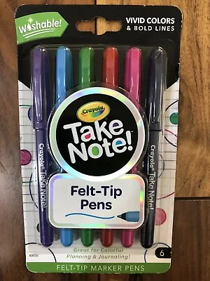 Crayola Take Note Felt Tip Pens Markers 6 Colors Washable Smooth Lines New • £8.68