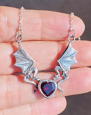 Vintage Sterling Silver Garnet Heart Flying Dragon Wings Chain Necklace 17” • $49.99