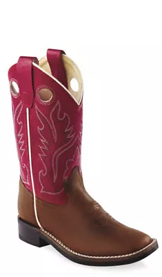 Old West Red Youth Boys Distress Leather Broad Square Toe Cowboy Boots • $27.99