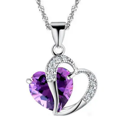 925 Sterling Silver Plated Crystal Heart Pendant Necklace Women Jewellery Gift • £3.49