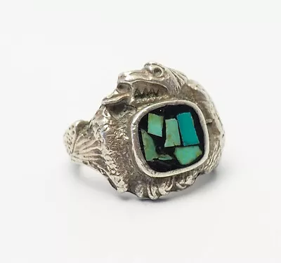 Vintage Sterling Silver Turquoise Unique Dragon  Masonic ? Ring Sz 8.5 • $90