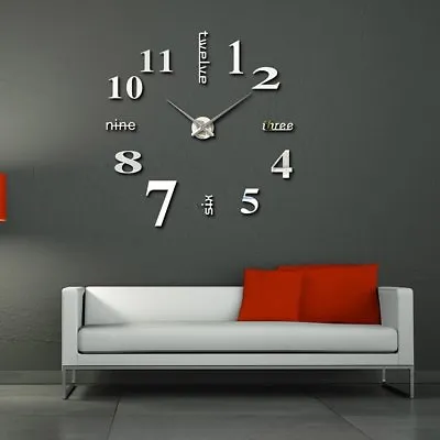 DIY 3D Frameless Number Wall Clock Mirror Sticker Home Office Room Decor • £11.79
