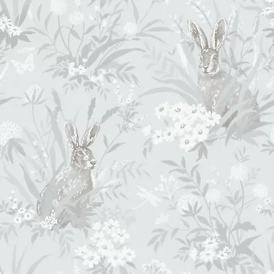 Blue Grey White Floral Wallpaper Holden Countryside Hares Nature Foliage Feature • £9.95