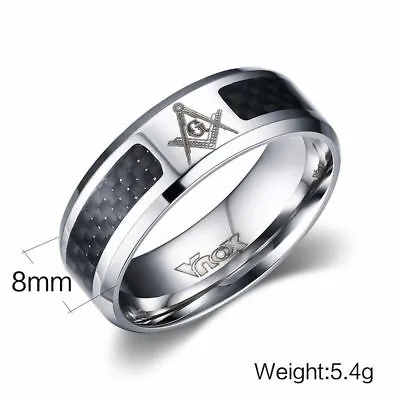 £8.94 • Buy Men Round Masonic Ring Stainless Steel Rings Carbon Fiber Punk Jewelry 8mm 1Pc