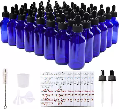 48 Pack 2Oz Cobalt Blue Glass Bottles With Glass Eye Droppers (Brush Funnels 2 • $39.99