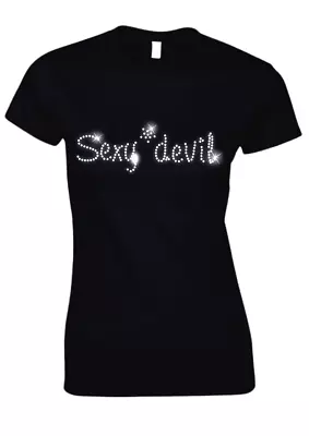 SEXY Devil T Shirt - Rhinestone Crystal - Hen Night - 60s 70s 80s 90s ALL SIZEs • £9.99