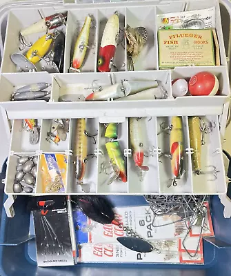 Tackle Box Full Of Old Vintage Fishing Lures Many Wooden W/Glass Eyes +Misc. • $46