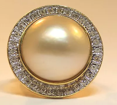 14K YELLOW GOLD - MABE PEARL (16.6 Mm) DIAMOND (TDW .30 Ct.) RING SIZE 6.75 • $599