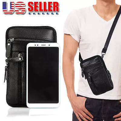 Men Leather Cell Phone Belt Bag Waist Bag Shoulder Pouch Crossbody Purse Black • $9.19