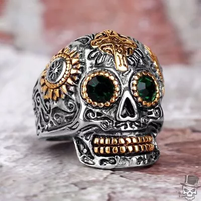 New Mexican Sugar Skull Green Eyes Gold Color Ring Steel US-Size 7-13 • $20.95