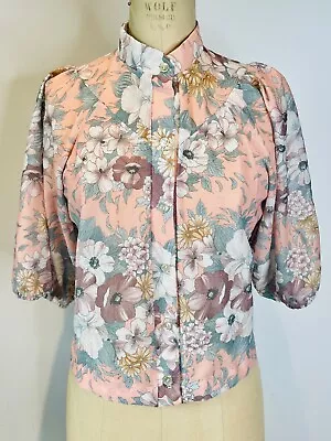 Vtg 70's Boho Cottagecore Peachy-pink Floral Poly Crepe Smocked Crop Shirt*xs/s • $18.99