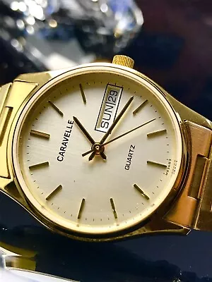 $9.99 • Buy VINTAGE NEAR MINT 1980s CARAVELLE BY BULOVA DAY DATE ENGRAVED PRESEN MENS  WATCH