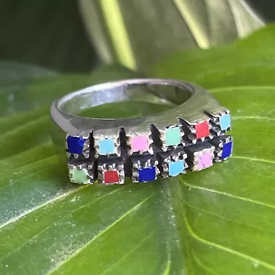 Vintage Southwestern SF Multi Gemstone Panel Ring 925 Sterling Silver Size 8 • $34.99