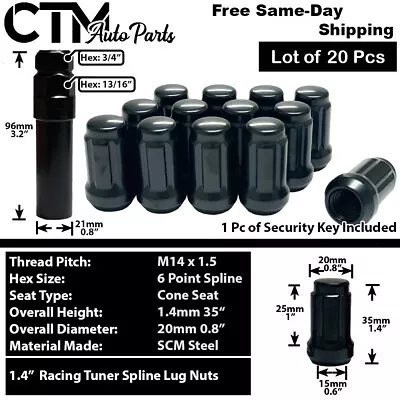 20x 1.4  Black 14x1.5 Spline Tuner Racing Performance Lug Nuts Fit Ford Lincoln • $20.99