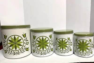 DECOWARE Green White Hex Floral MCM Retro Kitchen 4 Canister Set • $39