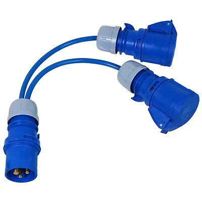 16A Splitter Cable 240V Caravan 2 Way Hook Up Y Piece 2 X 16 Amp Sockets BLUE • £16.99