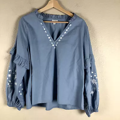 Mudd Pie Shirt Womens Medium Blue White Floral Embroidered Ruffled Tiered V Neck • $14.73