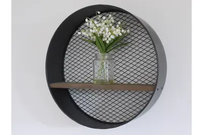 Industrial Black Shelf Metal Wall-Mounted Circular/Round Wooden With Mesh Back • £29.99