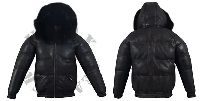 Men's Puffer Bomber Sheepskin Leather Jacket Removable Raccoon Fur Collar & Hood • $239.99