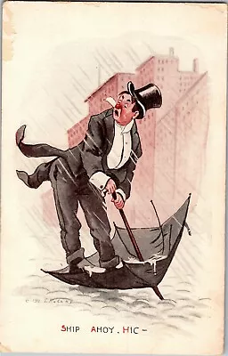 Drunk Man In Top Hat Tails Tux Trying To Open Umbrella In Rain Vtg Postcard X20 • $7.29