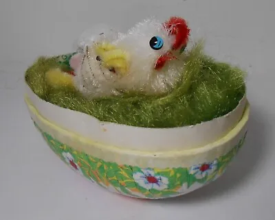VTG Paper Mache Candy Container Easter Chicks Surprise Chenille Hen Nest Inside • $24.99