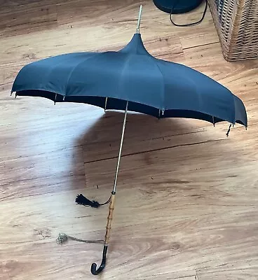 Antique Black Parasol/stroll Umbrella With Bamboo Pole Made In England 'waltham' • £95