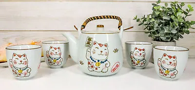 Japanese Maneki Neko Ceramic Tea Set Pot And Cups Lucky Charm Cat Serves 4 • $32.99