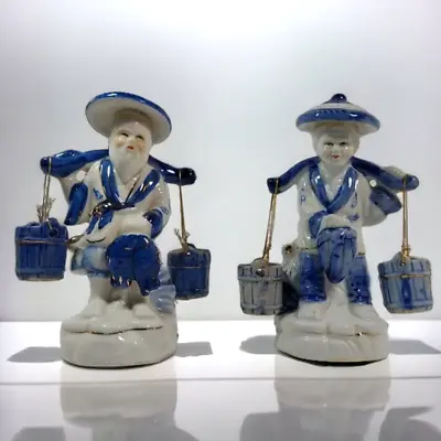 Vintage Asian Fisherman Couple Blue Porcelain Chinese Man Woman Figurines Bucket • $45