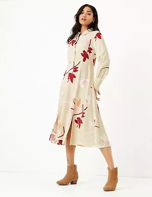 £18.99 • Buy *BNWT M&S Neutral Floral Print Long Sleeve Midi Shirt Dress - UK 12       (Q368)