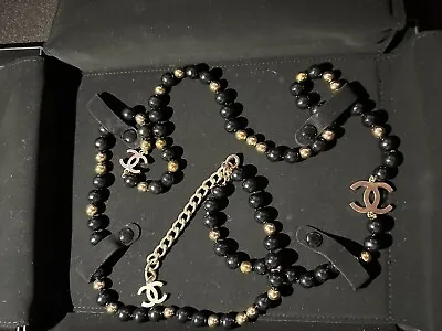 Chanel CC Faux Black Pearl Necklace Gold • £1000