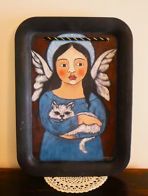 Ooak Painting Of Angel & White Cat On Vintage Tray ~ 17.25  X 12.5  ~ Folk Art • $30