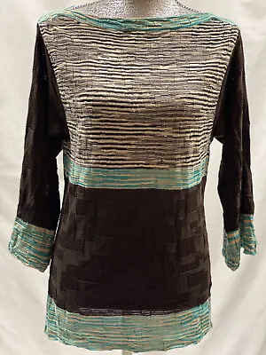 MISSONI Italy Brown Ivory Green Striped  3/4 Bell Sleeve Top Sweater Size 4 • $29.99