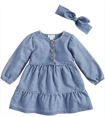 Mud Pie Toddler Girls Denim Tiered Dress With Matching Bow Headband Size 3T • $28