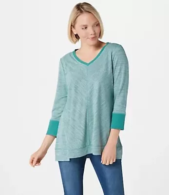 H By Halston Space Dye French Terry V-Neck Top With Forward Notches Sprce Medium • $6.99