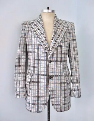 Vtg 70s Blue Gold Plaid Poly Knit Disco Pimp Vegas Blazer Jacket Wide Lapel 38L • $85.47