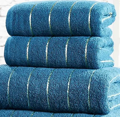 Stripe Hand Towel 100% Cotton Luxury Sandringham Metallic Lurex Teal & Gold New • £3.49