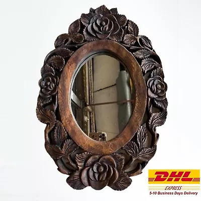 Wood Hand Carved Mirror With Frame Vintage Style Wall Art Rose Home Decor Craft • $99