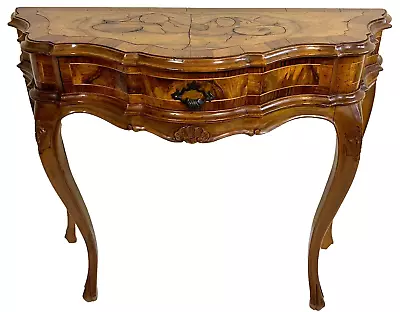 Mid-Century Italian Louis XV Walnut Marquetry Demilune Console Table • $1295