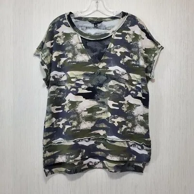 Rock & Republic Camo Cap Sleeve With Front Mesh Lined V Cut Out Shirt Size Large • £19.27