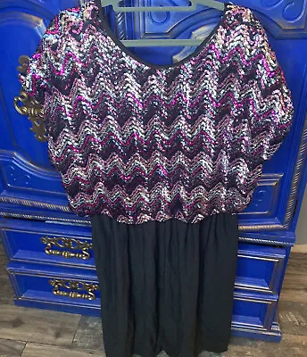 Vintage Sequin Dress Long Black Knit Pink Chevron Purple Kelli Kaye Large • $28.49