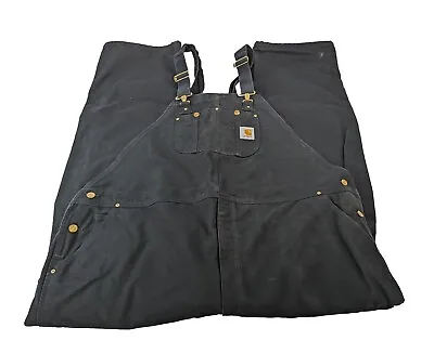 Men's Carhartt R01 Black Canvas Cotton Overalls Double Knee Suspenders 52x32 • $55.99