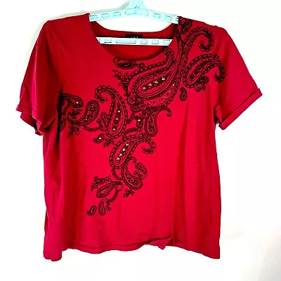 RQT Womens Paisley Studded Short Sleeves Round Neck Knit Red T Shirt Size XL • $15.99