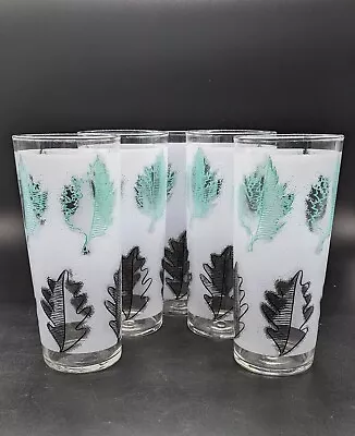 Five (5) Vintage Libbey 12 Oz Tumbler Glasses Frosted W/Aqua & Black Leaves  • $26.99