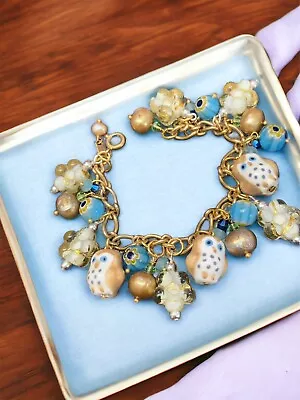 Charm Bracelet BOHO Art Glass Loaded Millefiori Owl Spirit Potato Pearl Gems • $59