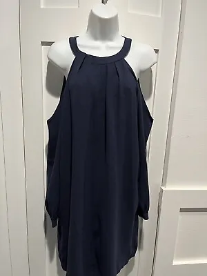 NEW BCBG MAXAZRIA Navy Blue Cold Shoulder Halter Dress Pockets Flowy Lined    M • $29.99