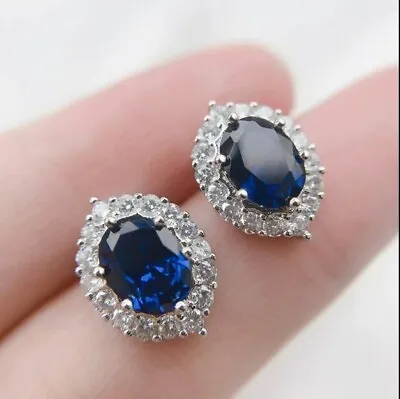 Woman's Stud Earring Oval Cut Sapphire Lab-Created 2.00Ct  14K White Gold Plated • $252.12