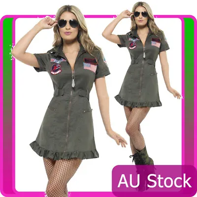 Womens Top Gun 1980s 80s Military Ladies Costume Green Pilot Aviator Fancy Dress • $71.24